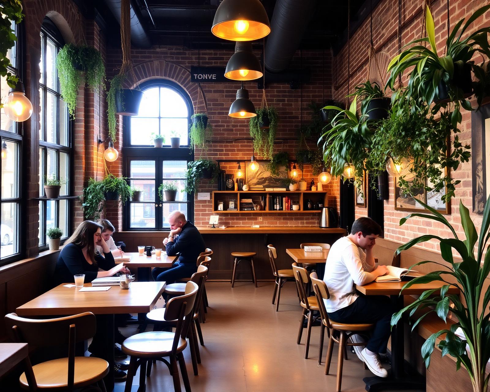 The cafe interior with exposed brick