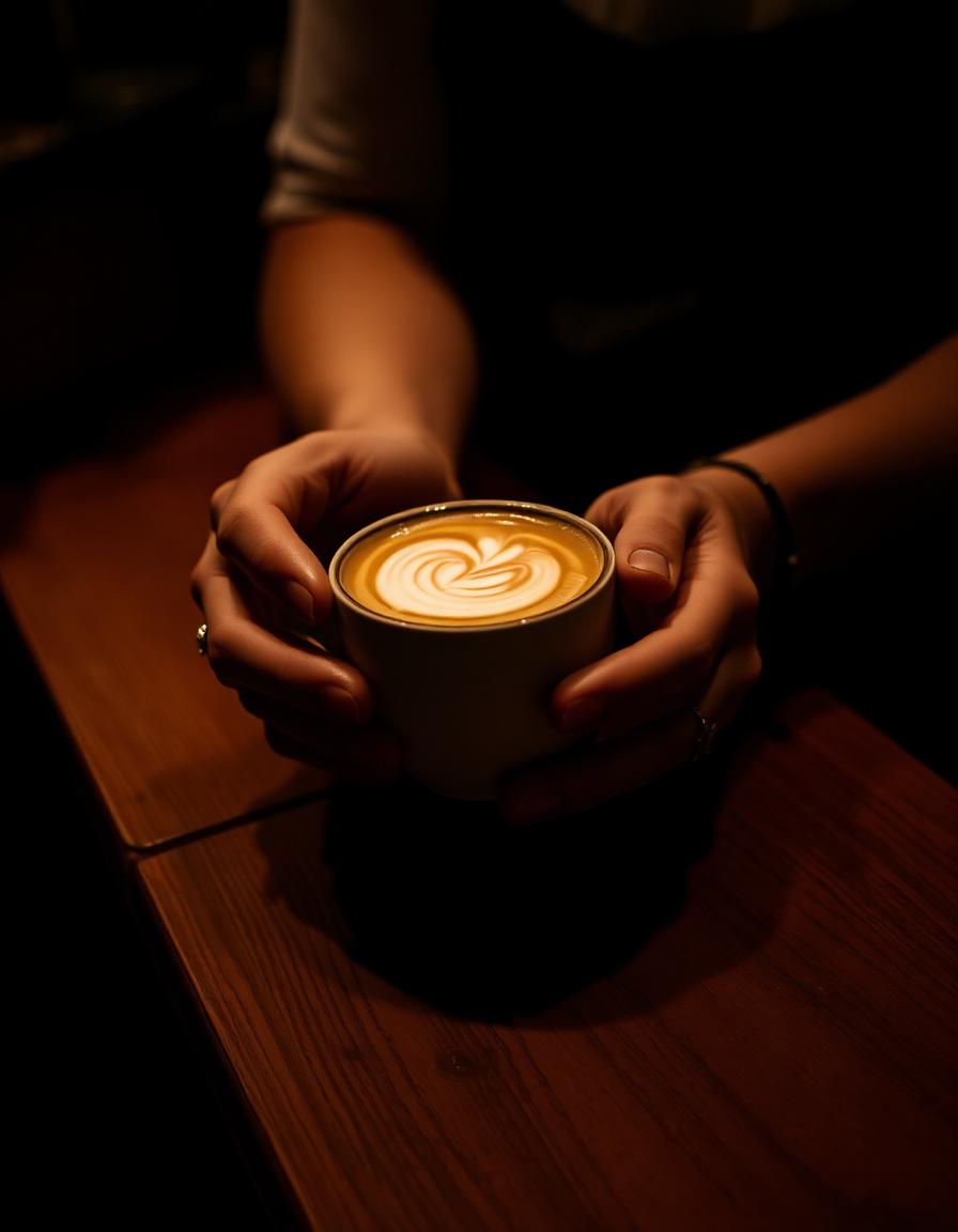 A flat white cradled in a barista's hands